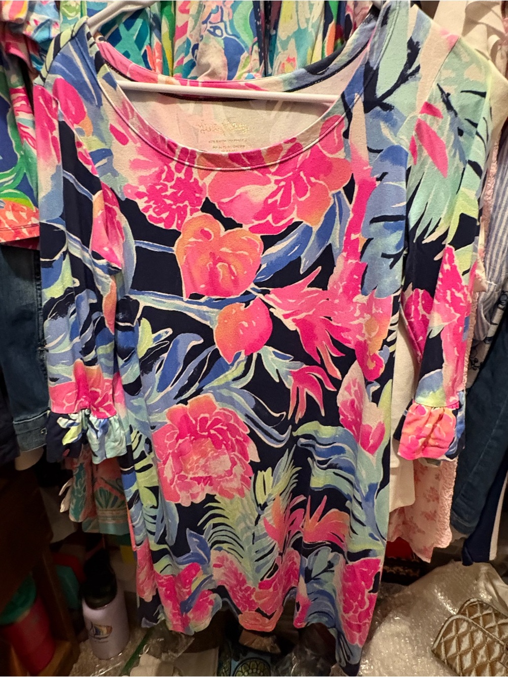 Lilly Pulitzer Navy Tunic with Pink & Coral Floral Print
